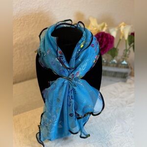 Lt. Blue Iridescent Floral Mesh Scarf - Ruffled Lettuce Edge Sheer Shimmer 66x17